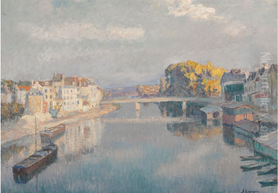 LAGNY, LE PONT ET LES BATEAUX-LAVOIRS SUR LA MARNE Oil Painting by Henri Lebasque