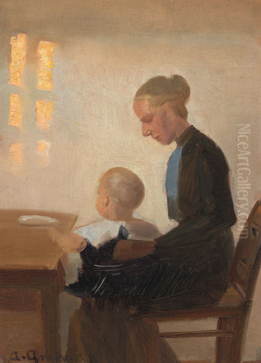 Et interior med mor og barn. Oil Painting by Anna Ancher