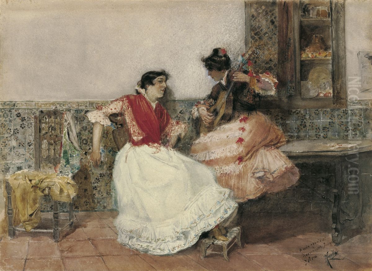 Playing the Guitar Oil Painting by Joaquin Sorolla