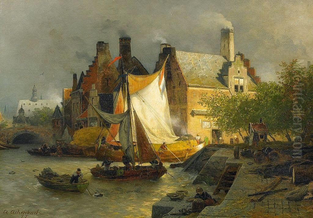 Aangemeerde boten in een Hollandse haven Oil Painting by Andreas Achenbach