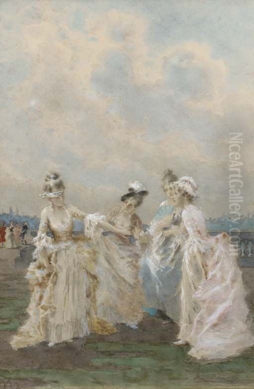 Girls playing blind man's buff Oil Painting by Angiolo Achini
