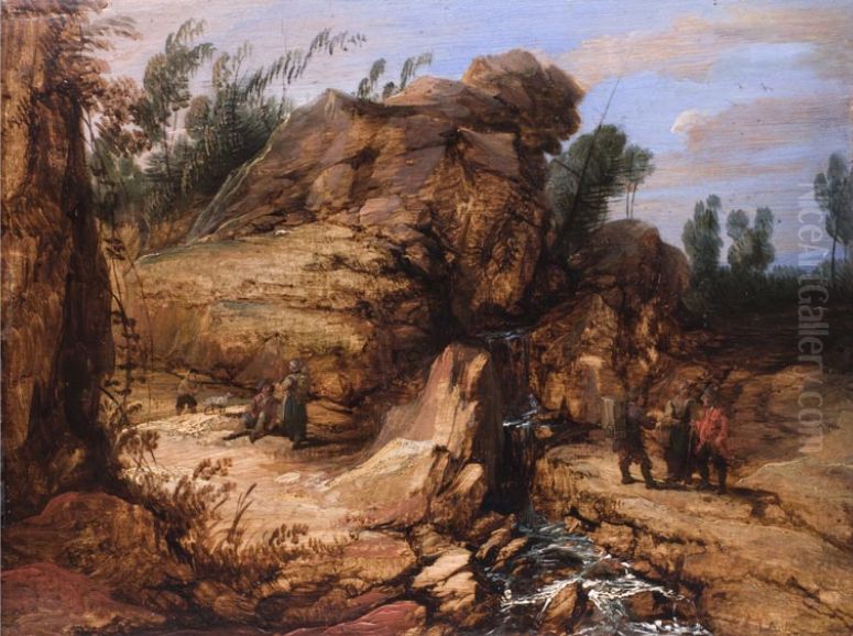 Rocky landscape with staffage figures Oil Painting by Lucas Achtschellinck