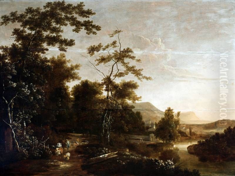 Italian landscape with shepherd and cattle in the foreground Oil Painting by Adam Colonia