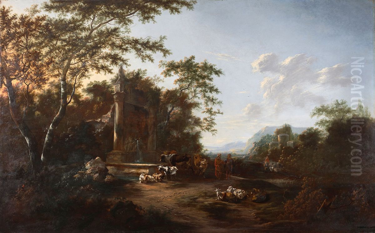 Cattle resting near a farm Oil Painting by Adam Colonia