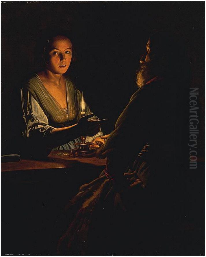 An old man and a girl by candlelight Oil Painting by Adam de Coster