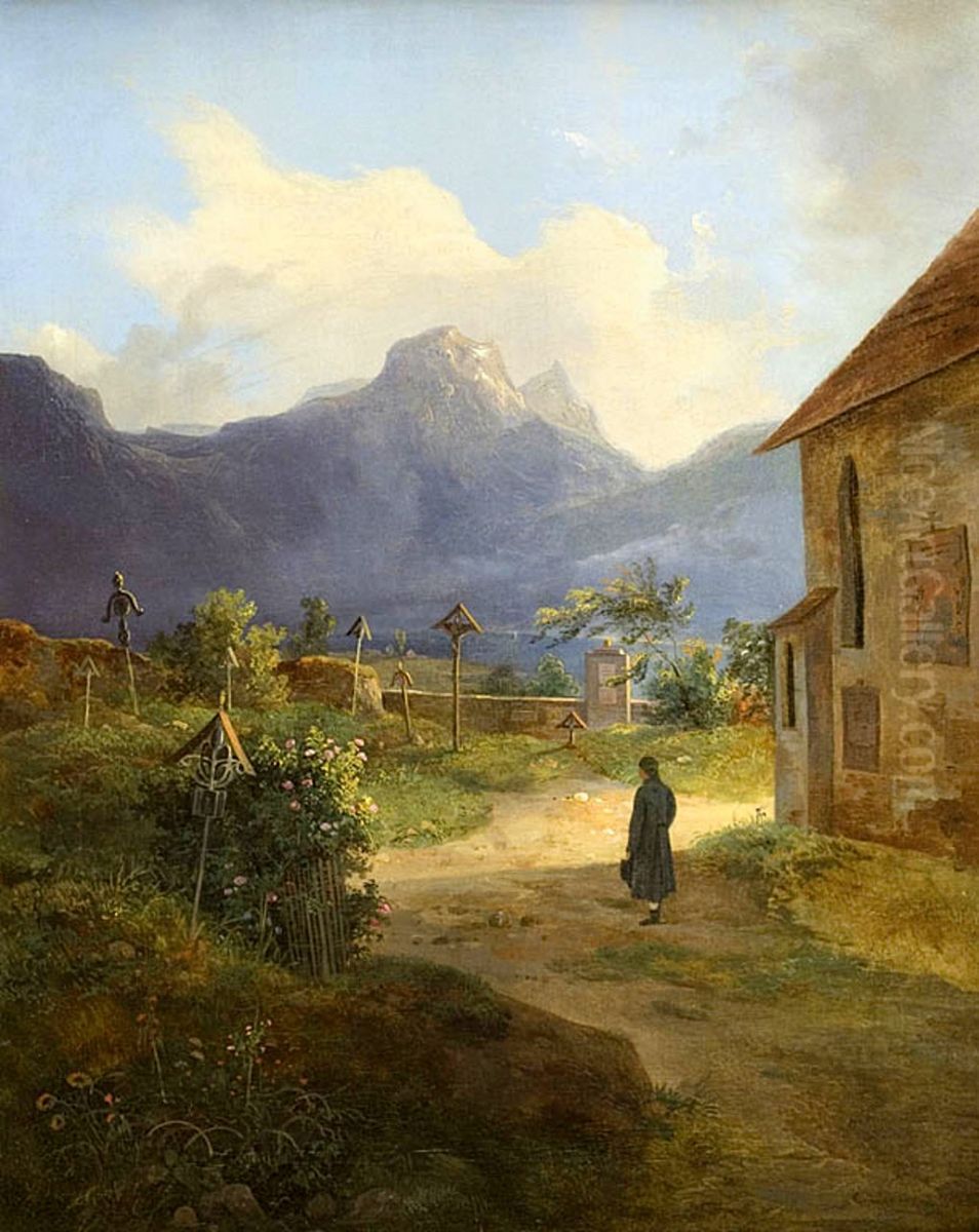Pejzaz alpejski z kosciolkiem Oil Painting by unknown