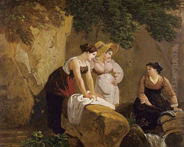 Washerwomen in a Grotto Oil Painting by Wolfgang Adam Topffer