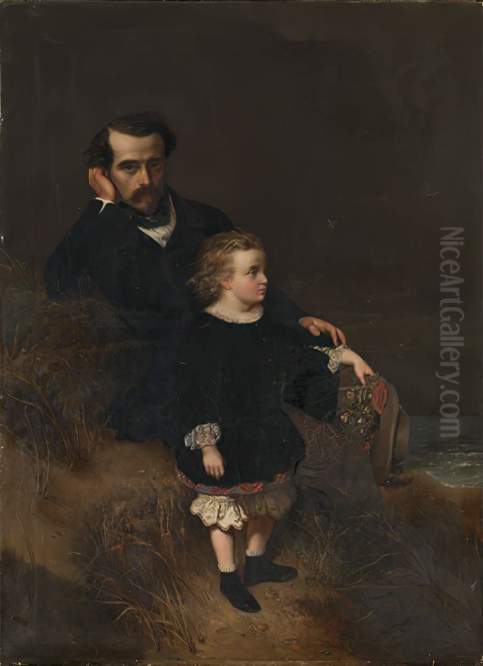Self-portrait of the painter with his son Oscar Oil Painting by Pierre Olivier Joseph Coomans
