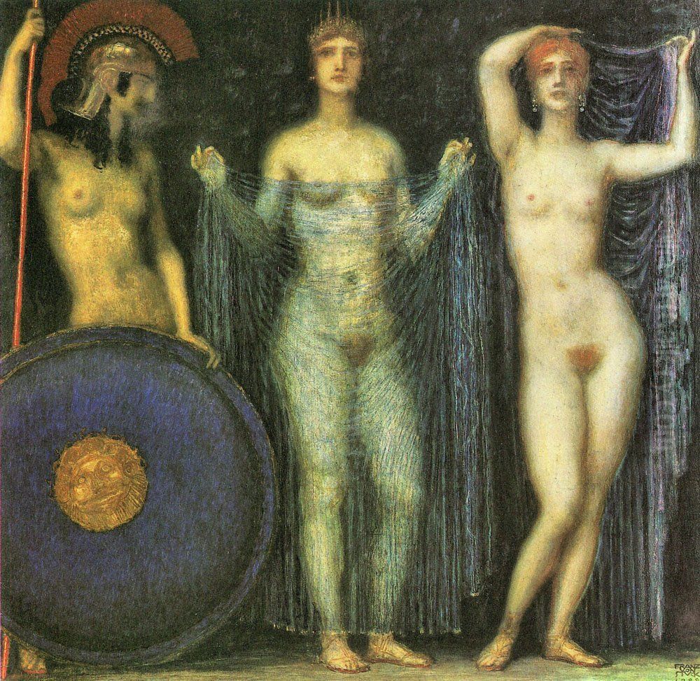The three goddesses Athena, Hera and Aphrodite Oil Painting by Franz Stuck