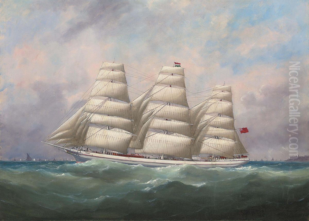 The three-master ,Hahnemann' in full sail off a headland Oil Painting by Edouard Adam