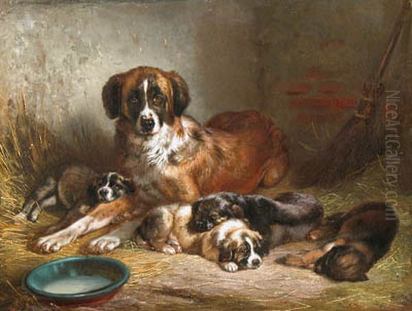 Bernese Mountain Dog and Her Pups Oil Painting by Benno Adam