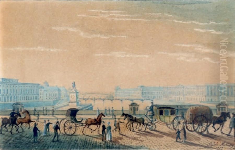 Vue du pont neuf. Aquarelle Signee et datee en bas a droite 1817 Oil Painting by Adele Clerget-Melling