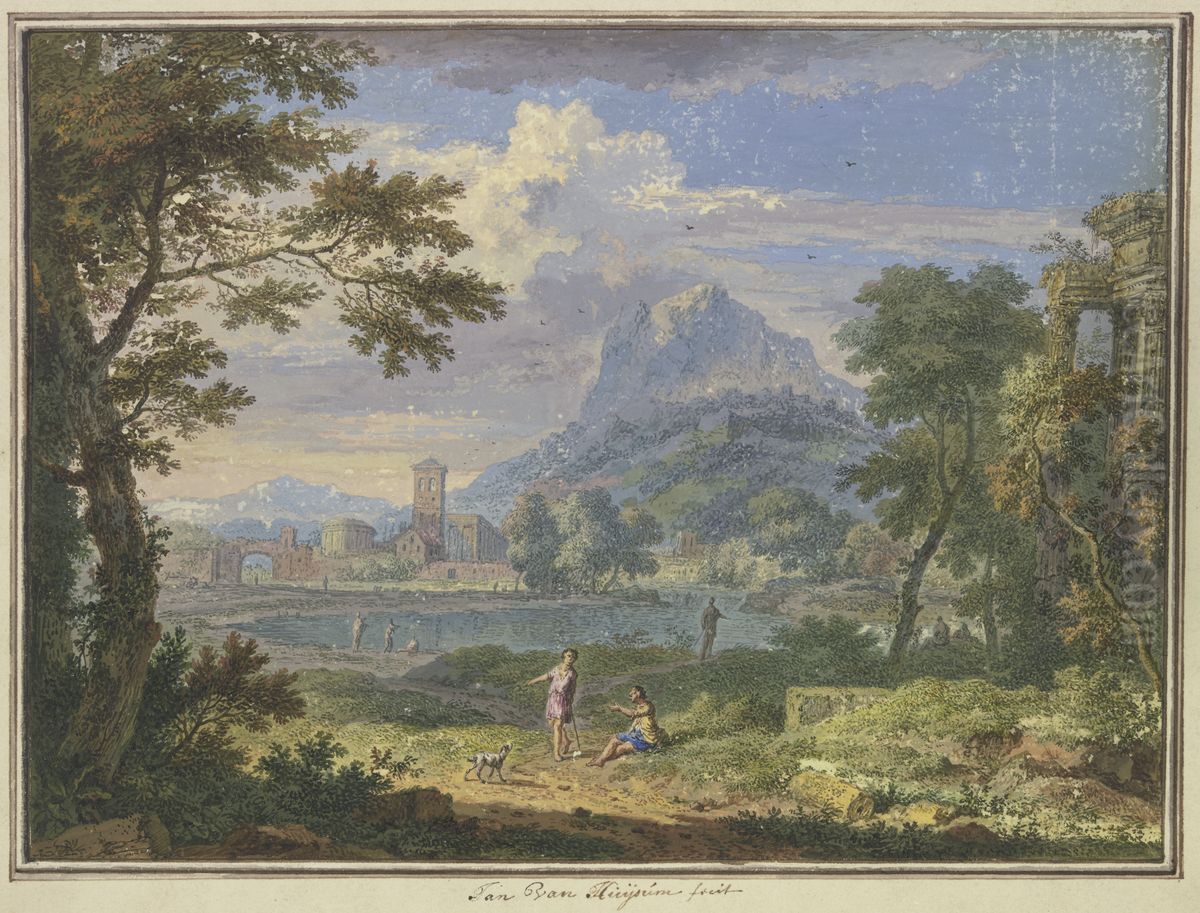 Landschaft mit einer italienischen Stadt bei einem hohen Berg, rechts die Ruine eines Tempels, im Vordergrund zwei Figuren und ein Hund Oil Painting by Jan Van Huysum