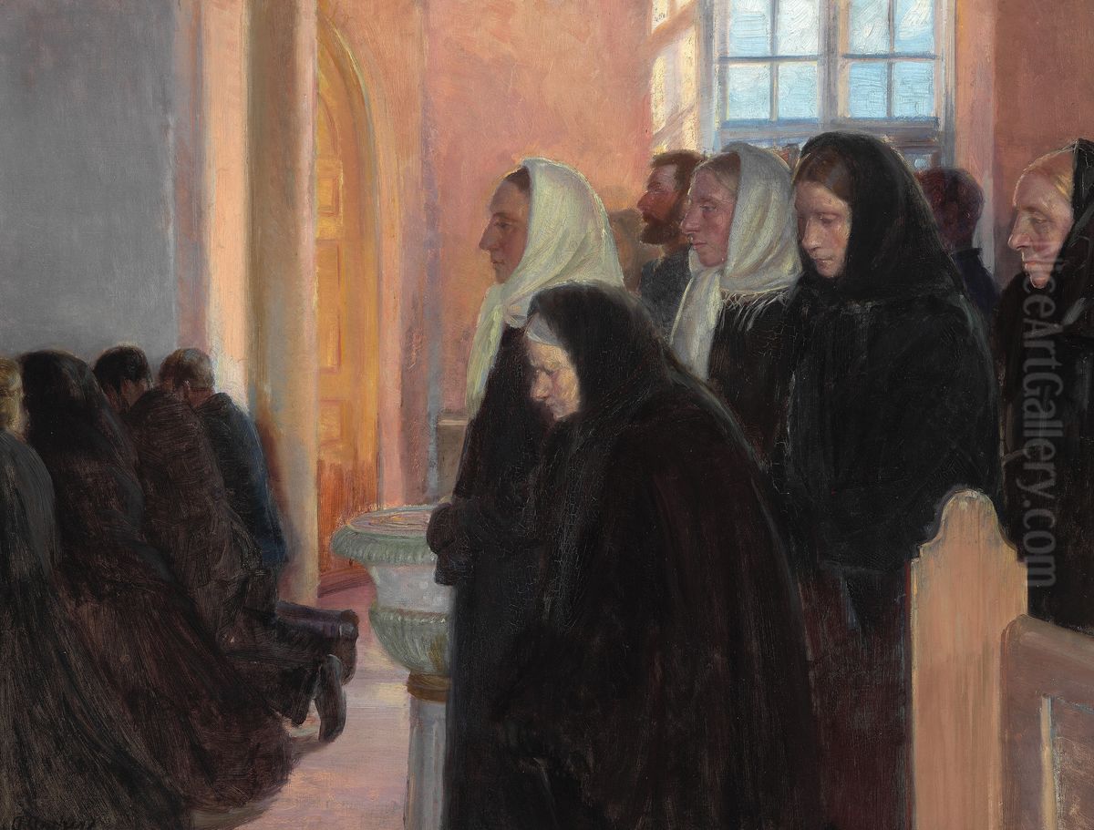 Communion in the church of Skagen. Sunlight through the church window. Oil Painting by Anna Ancher