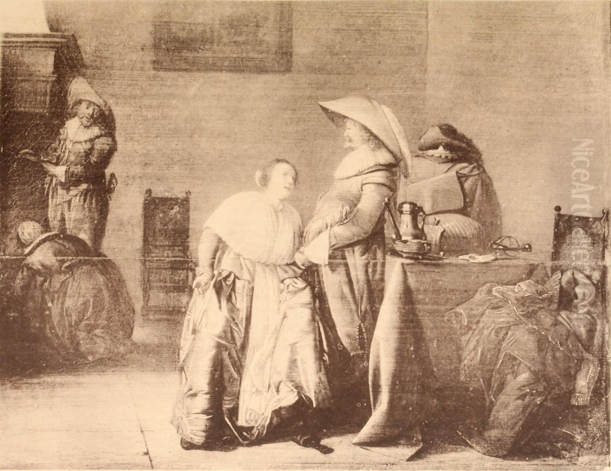 Interior with a young woman and an officer in conversation Oil Painting by Pieter Codde