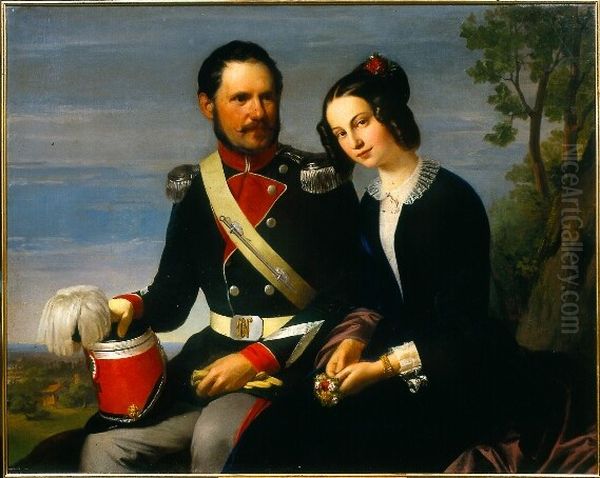 Ritratto dell'avvocato Nicola Spinelli con la consorte marchesa Eloisa Bellincini Bagnesi Oil Painting by Adeodato Malatesta or Malatesti