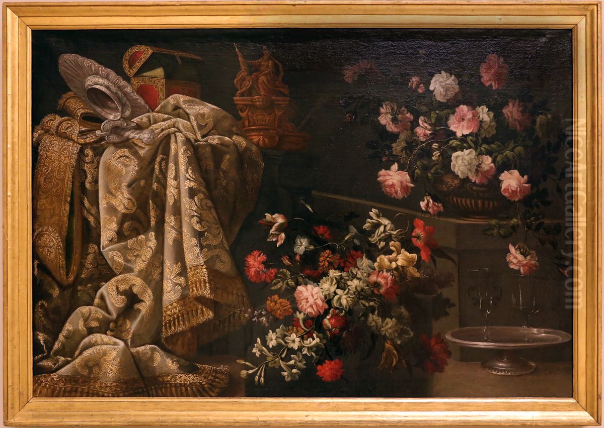 natura morta con fiori, stoffe e bicchieri Oil Painting by Adeodato Zuccati