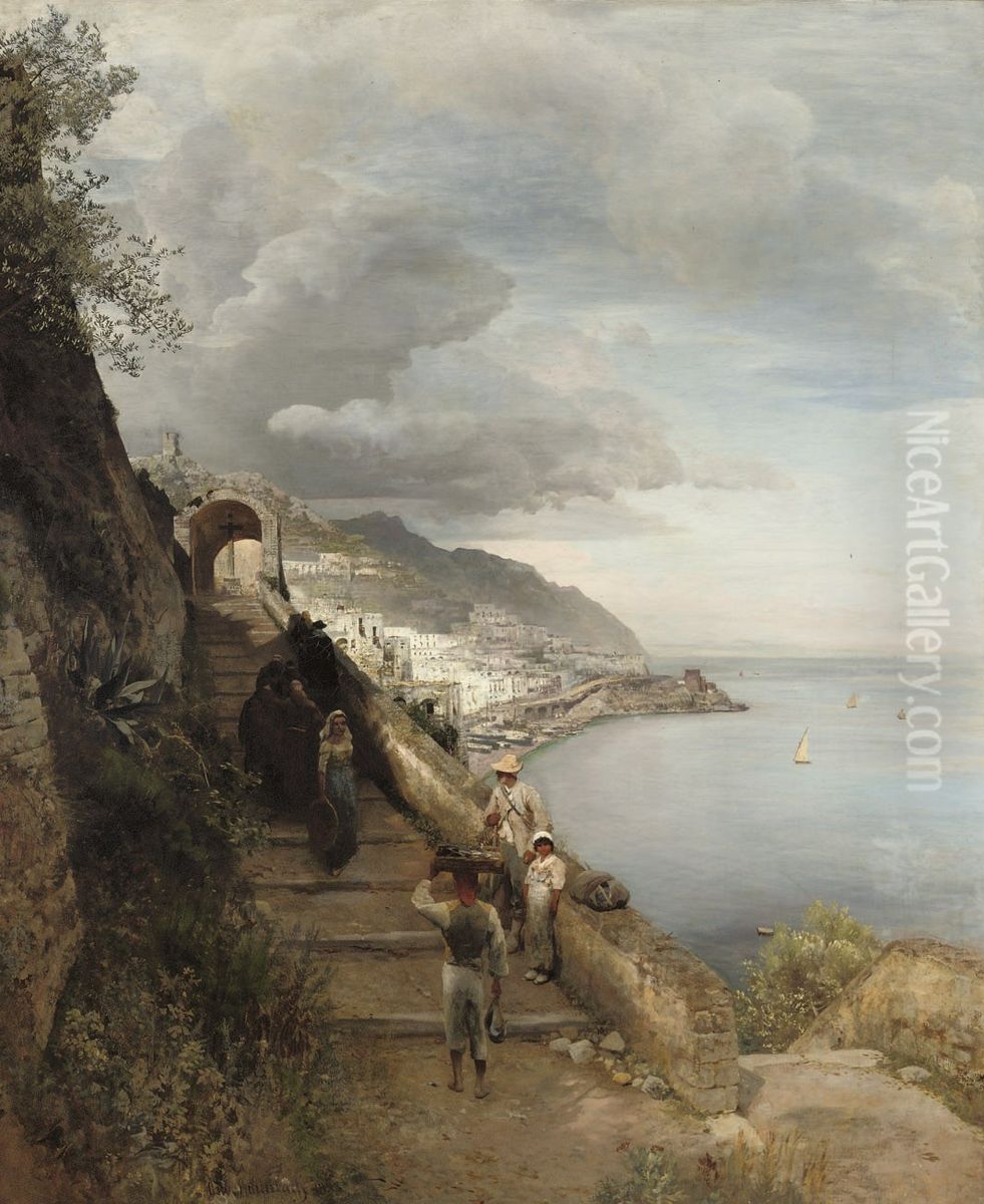 The entrance of a monastery at the gulf of Sorrento Oil Painting by Oswald Achenbach