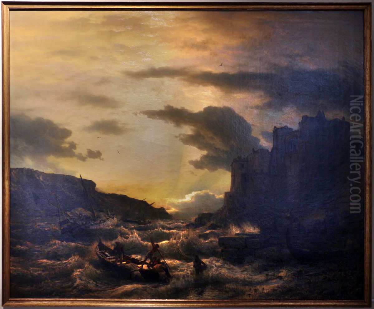 Transport after a storm in porto venere in the gulf of Spezia Oil Painting by Andreas Achenbach