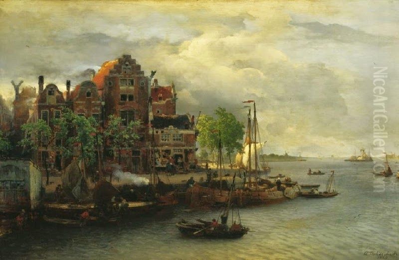 Avondstemming in een Hollandse haven Oil Painting by Andreas Achenbach