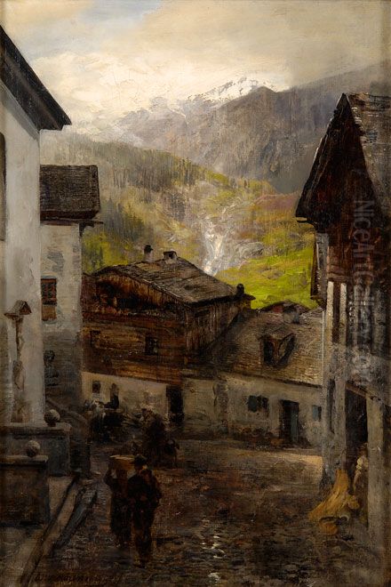 Bergdorf am Fuss des Rigi Oil Painting by Oswald Achenbach