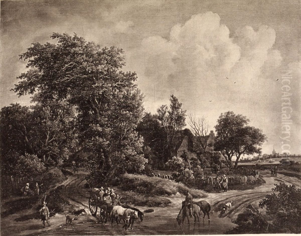 Farm at the edge of a wood, with a wagon and horses Oil Painting by Meindert Hobbema