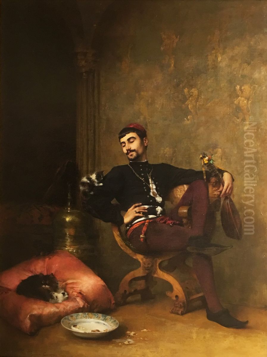 Young Florentin playing with cats Oil Painting by Gustave-Claude-Etienne Courtois