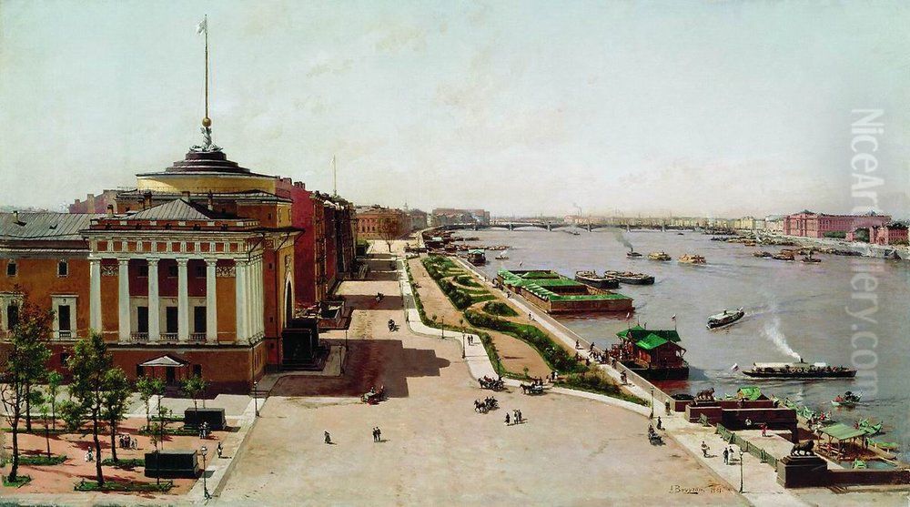 View on theAdmiralty EmbankmentandNeva Riverfrom theWinter PalaceinSaint Petersburg,Russia. Oil Painting by Alexander Beggrov