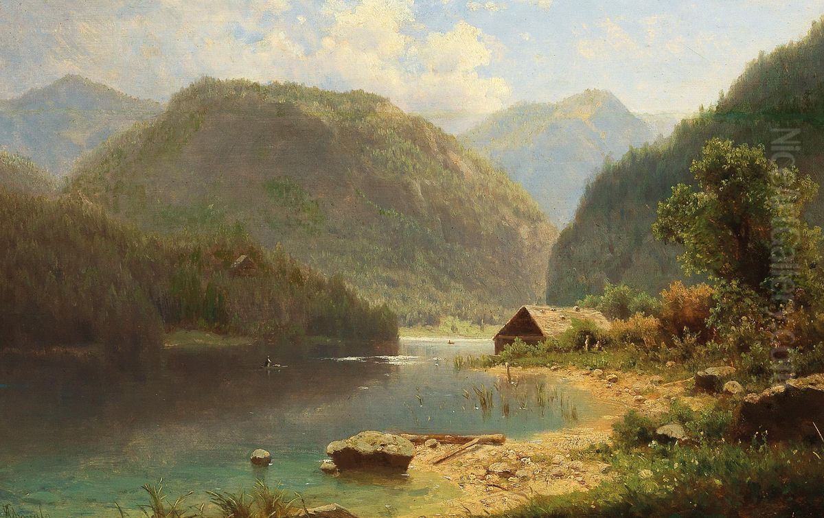 A hut on the lakeside Oil Painting by Adolf Chwala