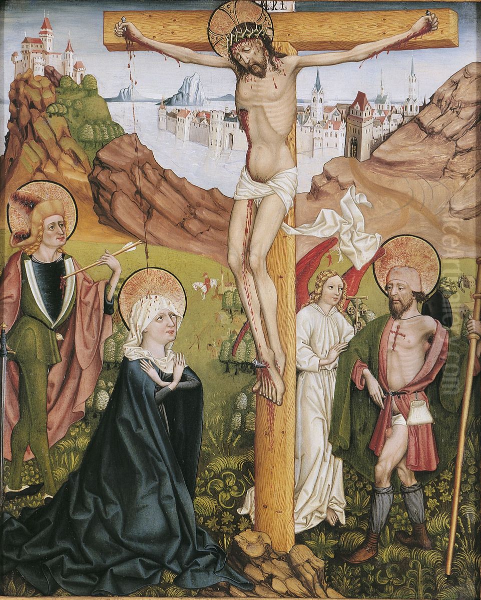 Kreuzigung Christi mit Maria, St. Sebastian, St. Rochus, Landschaft mit See und Stadt. Oil Painting by unknown