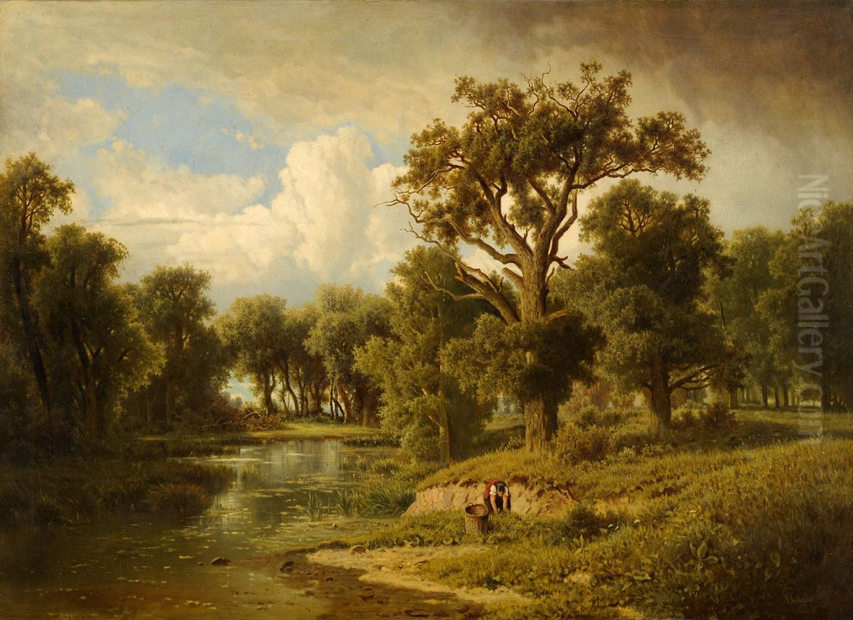 Bewaldete Flusslandschaft mit Krautersucherin. Oil Painting by Adolf Chwala