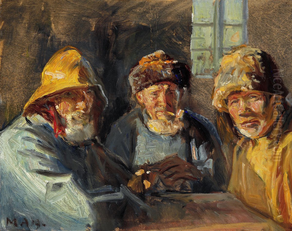 Three fishermen sitting in the sunlight. Oil Painting by Michael Peter Ancher