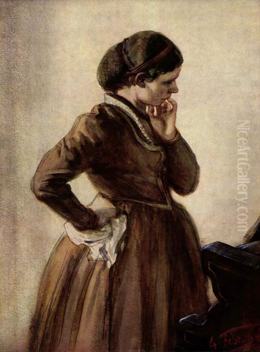 Emilie Menzel am Klavier stehend Oil Painting by Adolph von Menzel