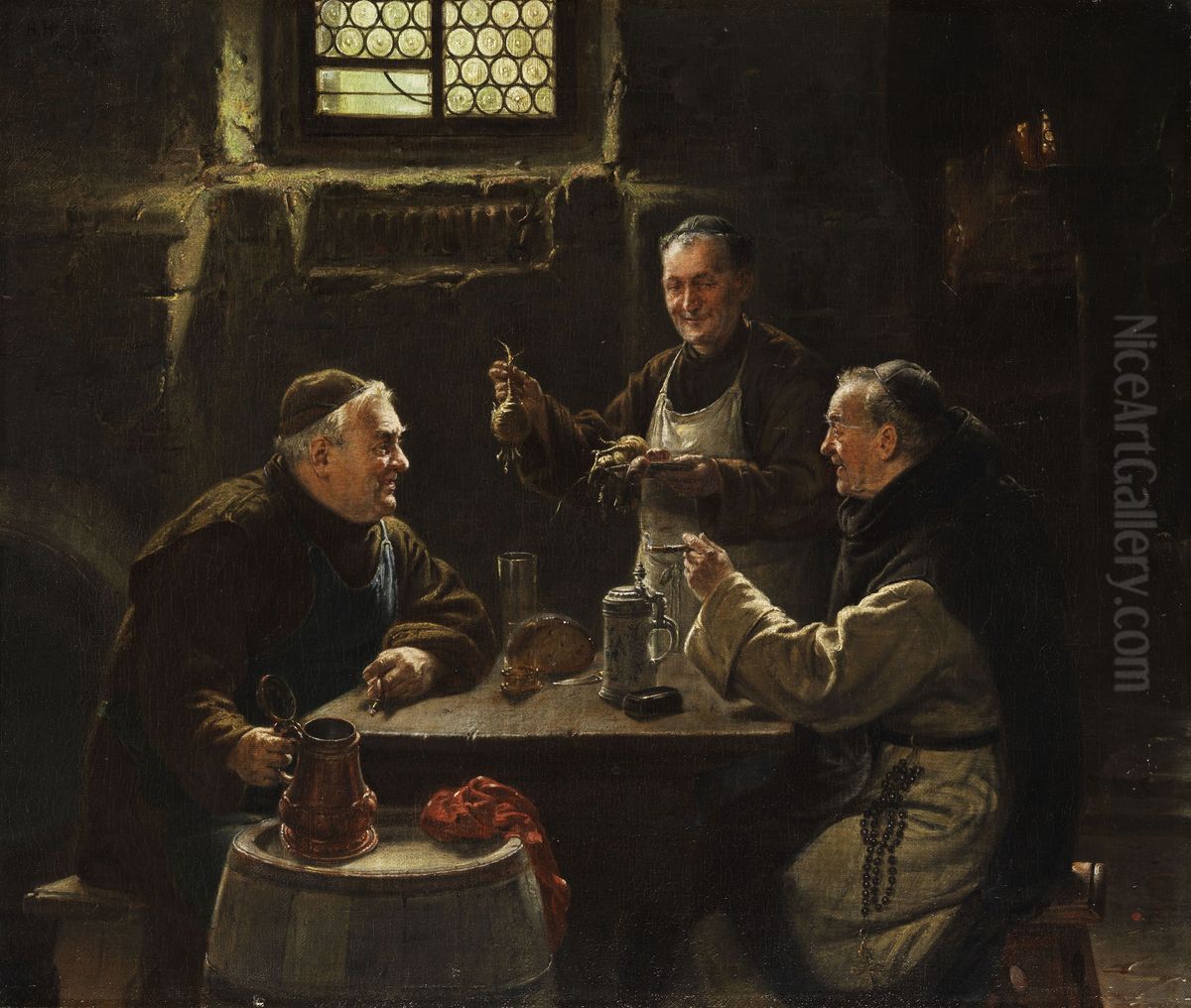 Drei Monche bei der Vesper-Mahlzeit. Oil Painting by Adolf Humborg