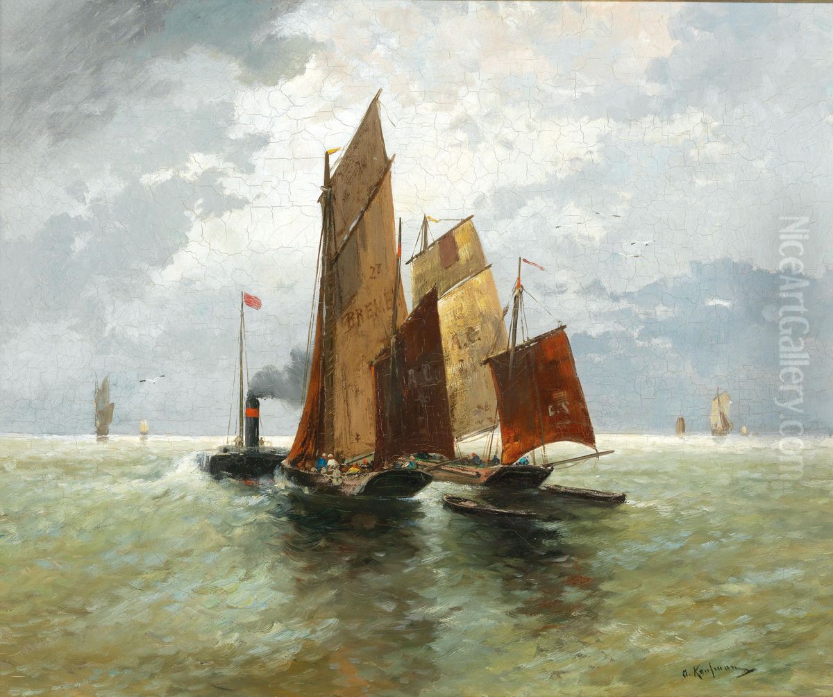 Dampfschiff und Fischer auf hoher See Oil Painting by Adolf Kaufmann