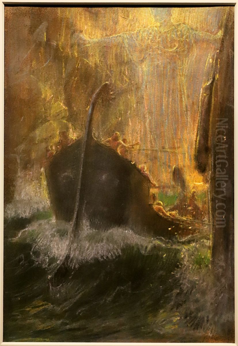 la nave di ulisse tra scilla e cariddi Oil Painting by Adolf Hiremy-Hirschl