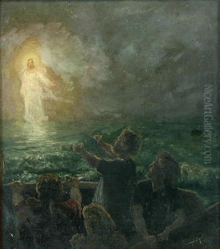 Religious scene at the sea. Oil Painting by Hans Agersnap