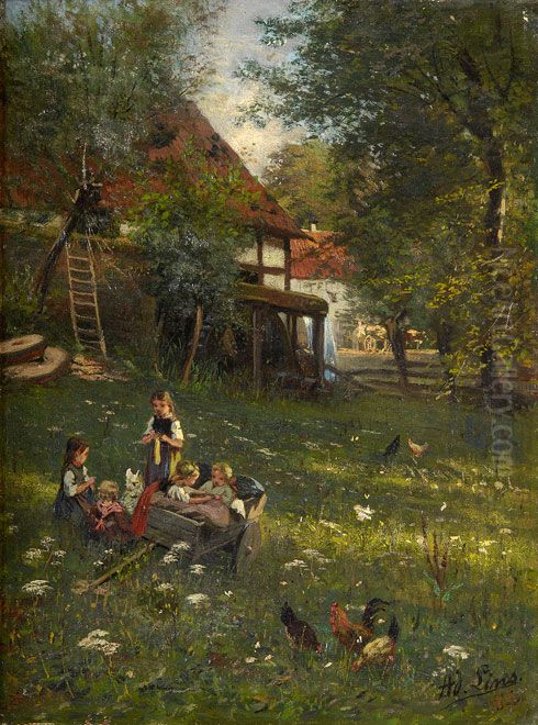 Spielende Kinder in der Schwalm Oil Painting by Adolf Lins