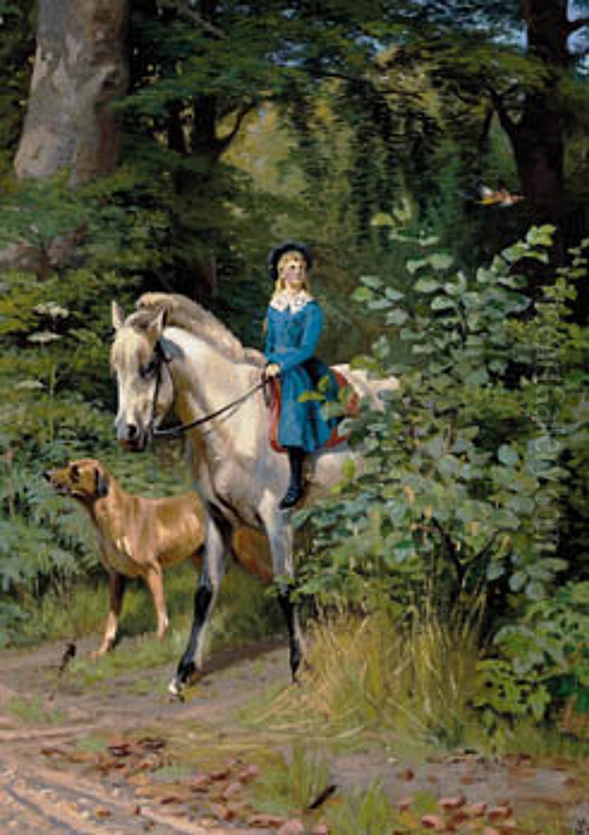 A girl in a blue dress riding in a forest with her dog. Oil Painting by Adolf Mackeprang