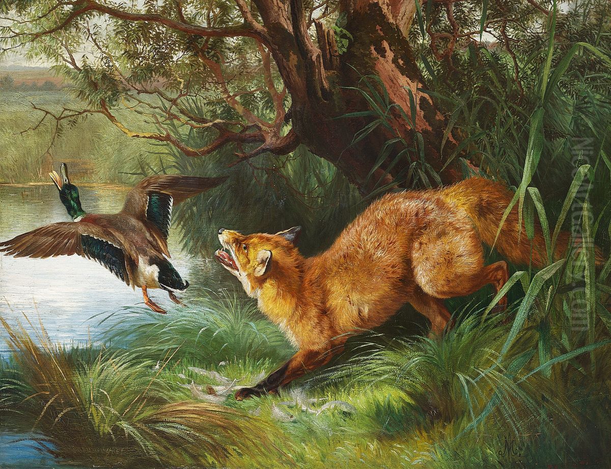 A fox hunting a mallard. Oil Painting by Adolf Mackeprang