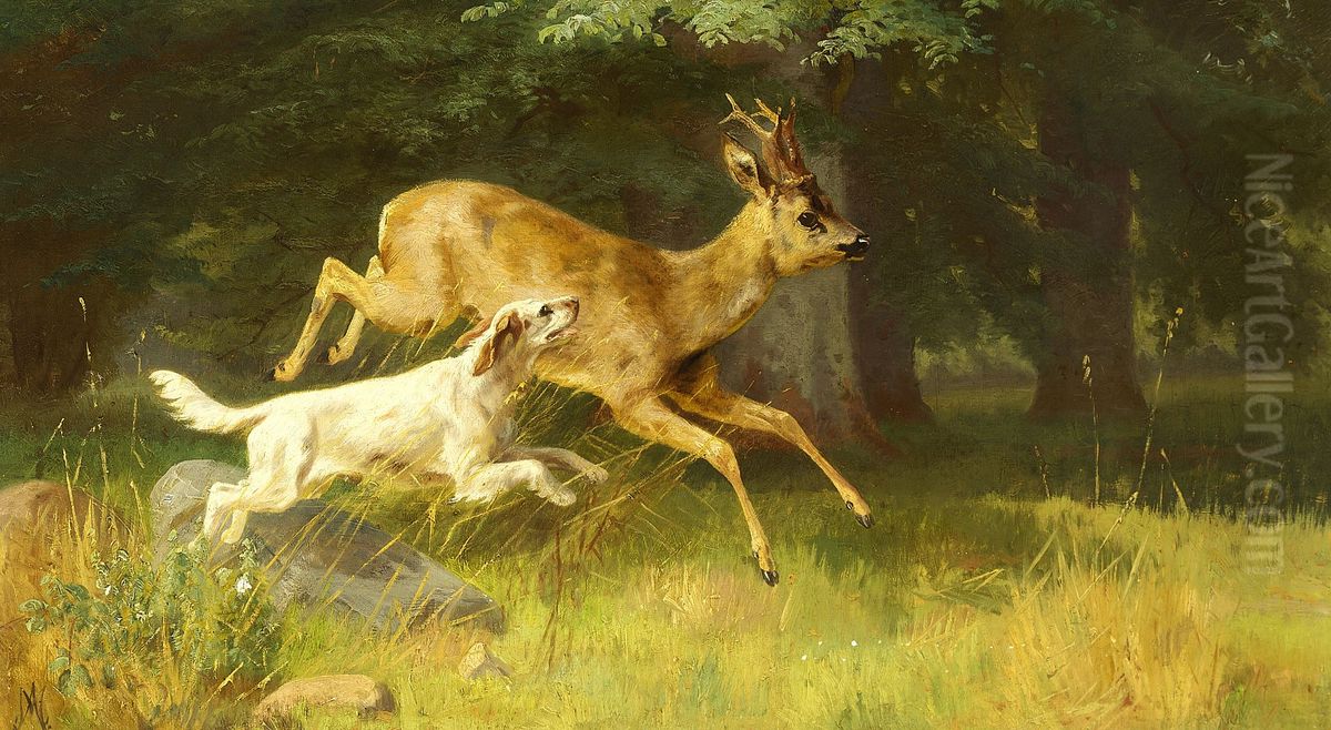 A dog chasing a roebuck. Oil Painting by Adolf Mackeprang
