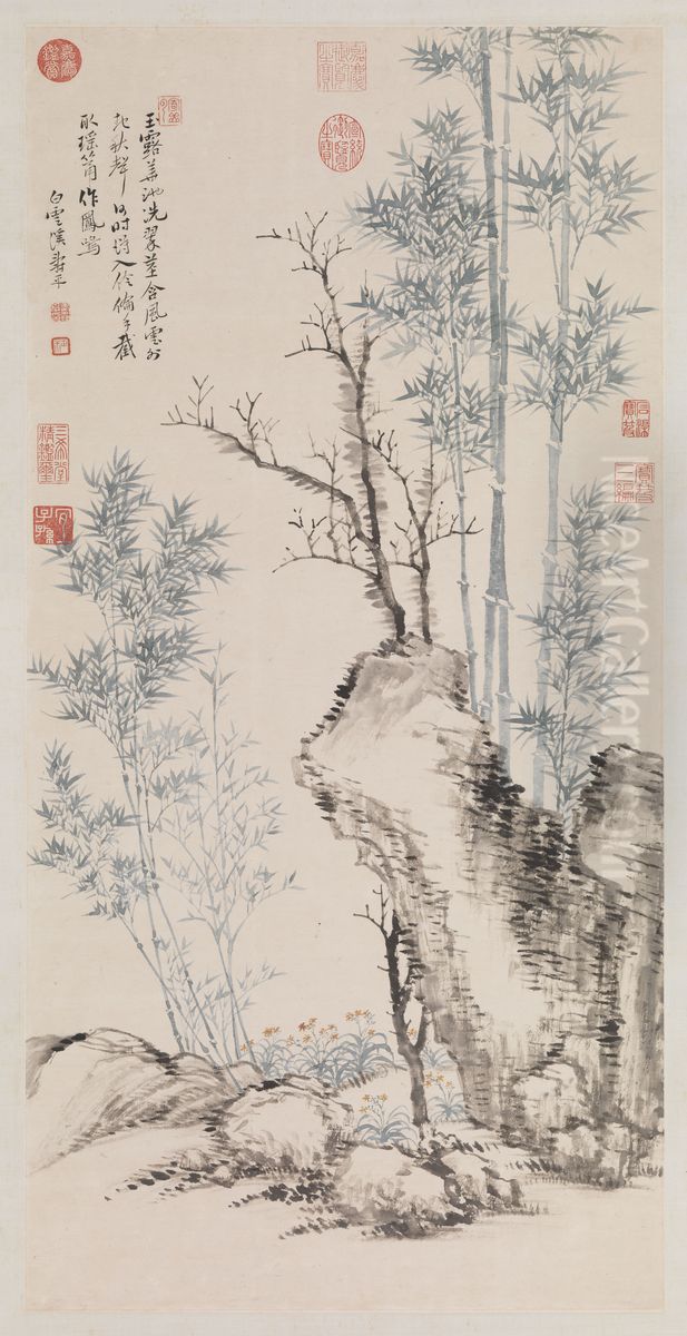 Bamboo and Rock Oil Painting by Yun Shouping