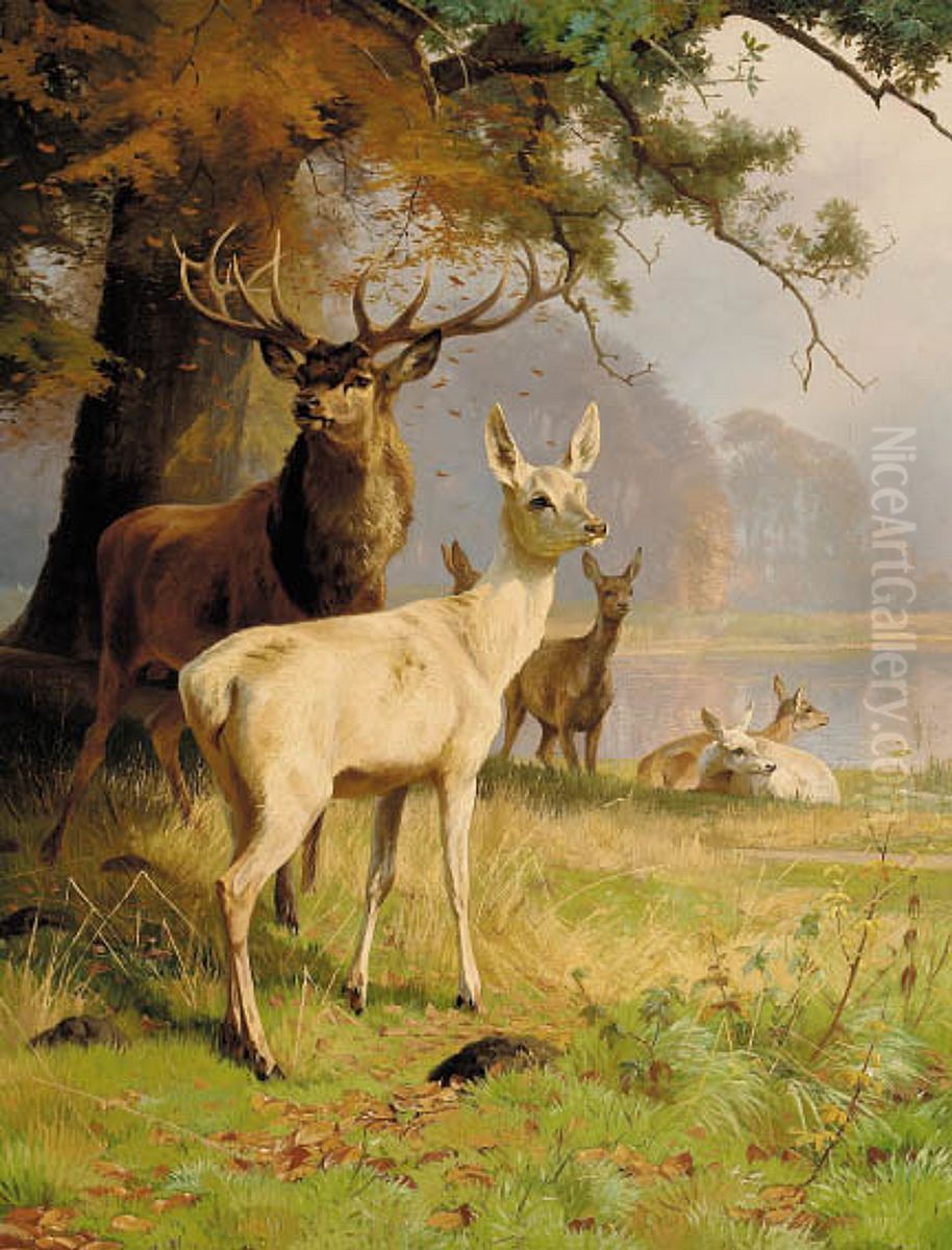 A stag and its pack near a forest pond. Oil Painting by Adolf Mackeprang