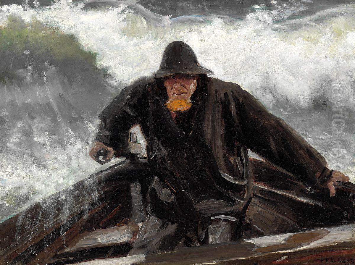 A fisherman at the tiller of a boat in rough seas. Oil Painting by Michael Peter Ancher