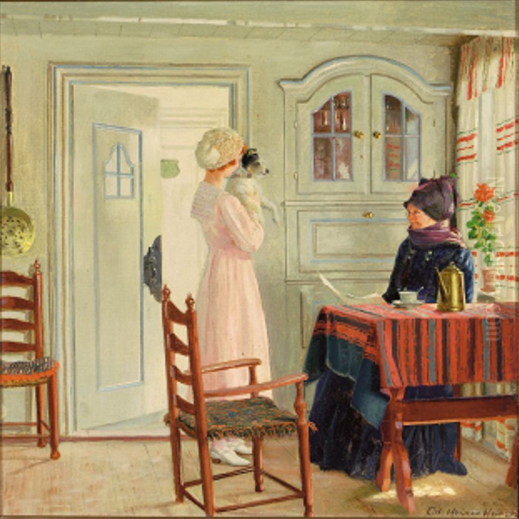 A visit to a house on Fano, Denmark. Oil Painting by Adolf Heinrich-Hansen