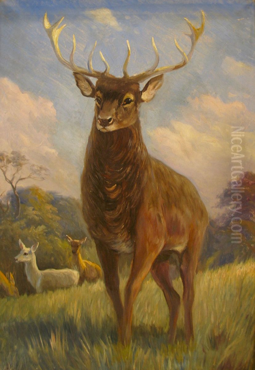 Male red deer at the edge of a forest. Oil Painting by Adolf Mackeprang