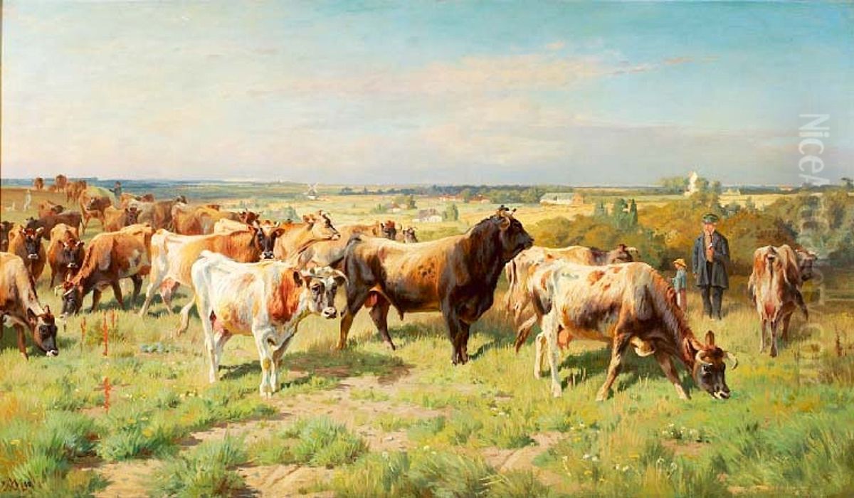 Cattle in the fields. Oil Painting by Adolf Mackeprang