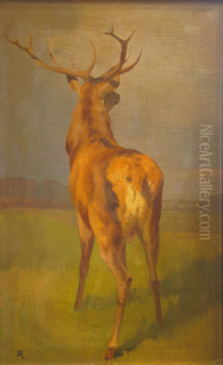 Landscape with red deer. Oil Painting by Adolf Mackeprang