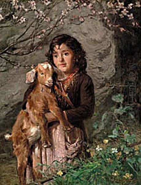 Girl with a young goat. Oil Painting by Adolf Mackeprang