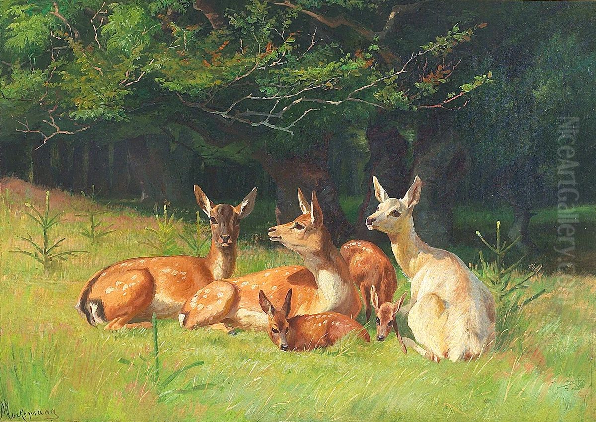 Deer at the edge of a wood. Oil Painting by Adolf Mackeprang